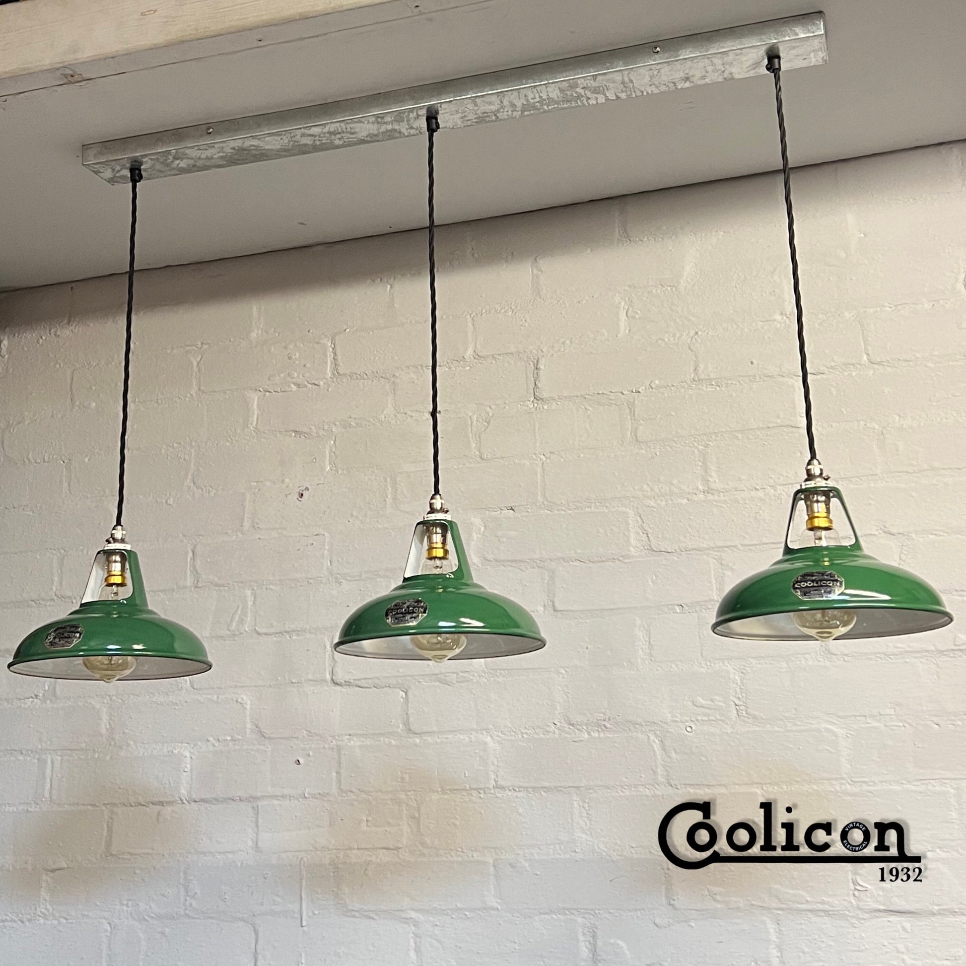 Cawston ~ 3 x Genuine Antique Coolicon Solid Shade 1932 Design Pendant Set Galvanised Track Light | Dining Room | Kitchen Table | Vintage