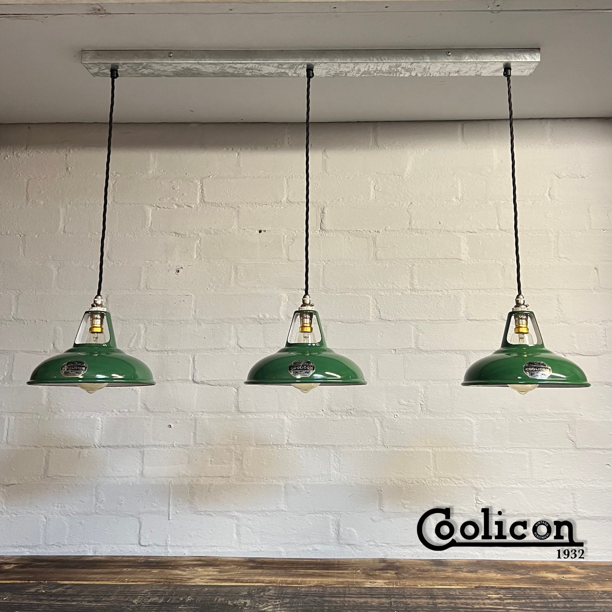 Cawston ~ 3 x Genuine Antique Coolicon Solid Shade 1932 Design Pendant Set Galvanised Track Light | Dining Room | Kitchen Table | Vintage