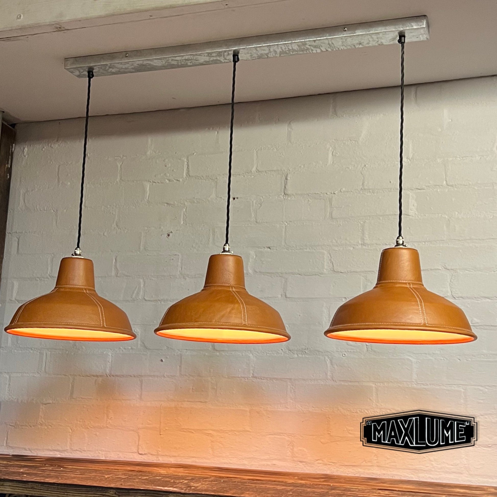 Filby ~ 3 x Tan Leather Shade RLM 1921 Design Pendant Set Galvanised Track Light | Dining Room | Kitchen Table | Vintage