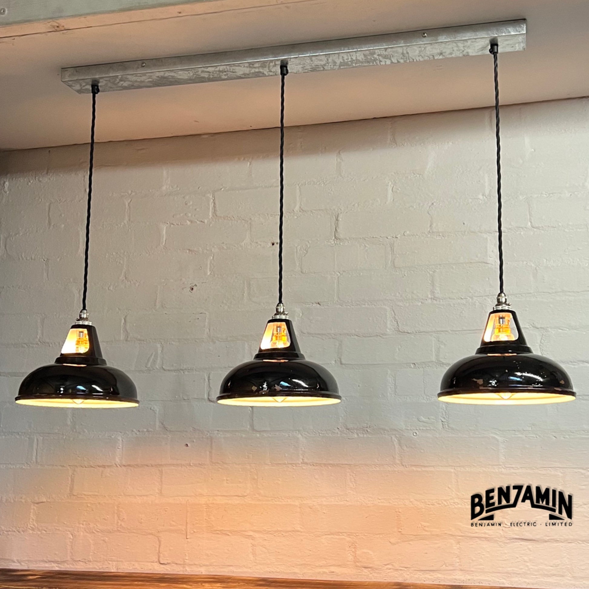 Cawston Small ~ **Worn** 3 x Solid Jet Black Shade 1932 Design Pendant Wire Set Track Light 9 Inch | Dining Room | Kitchen Table | Vintage