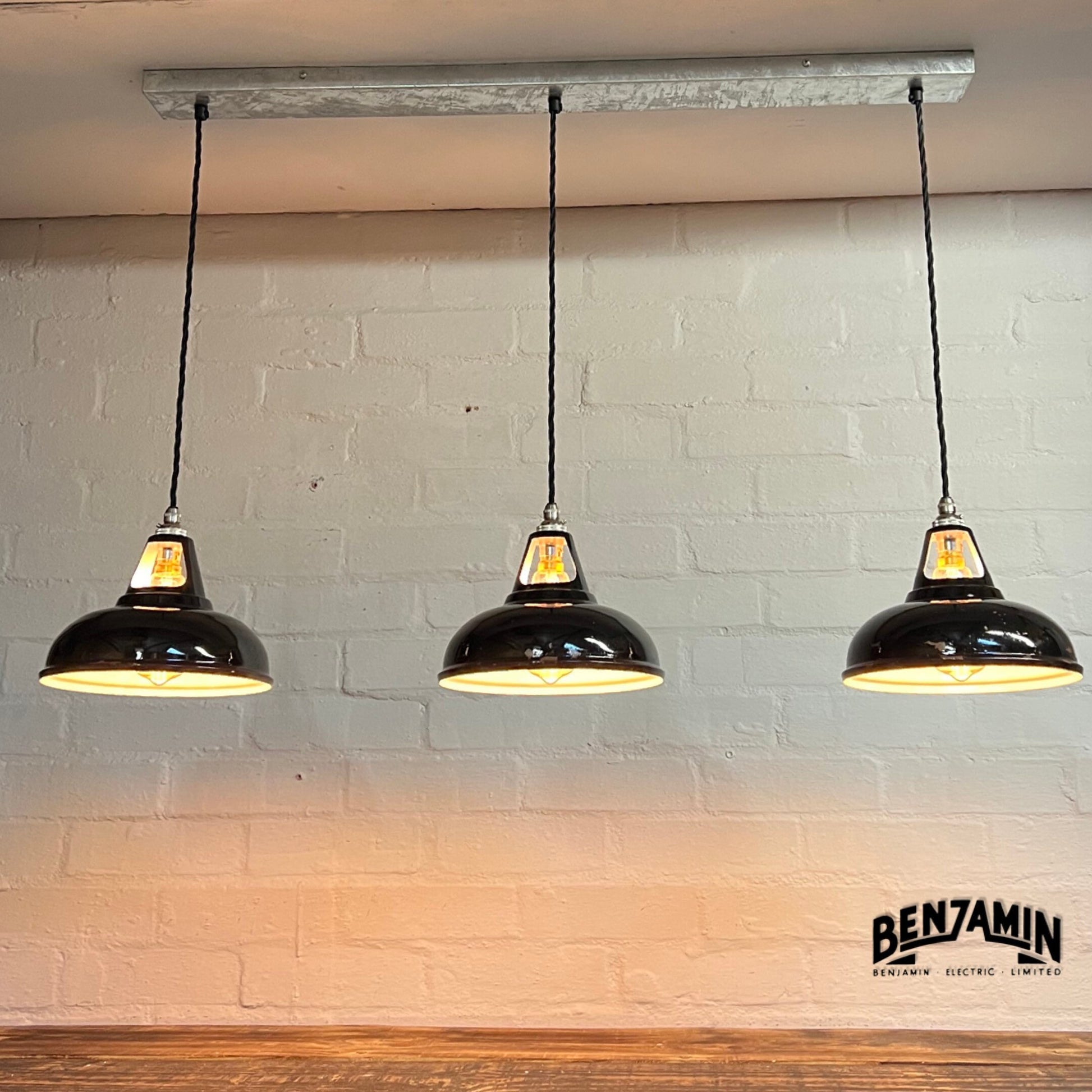 Cawston Small ~ **Worn** 3 x Solid Jet Black Shade 1932 Design Pendant Wire Set Track Light 9 Inch | Dining Room | Kitchen Table | Vintage