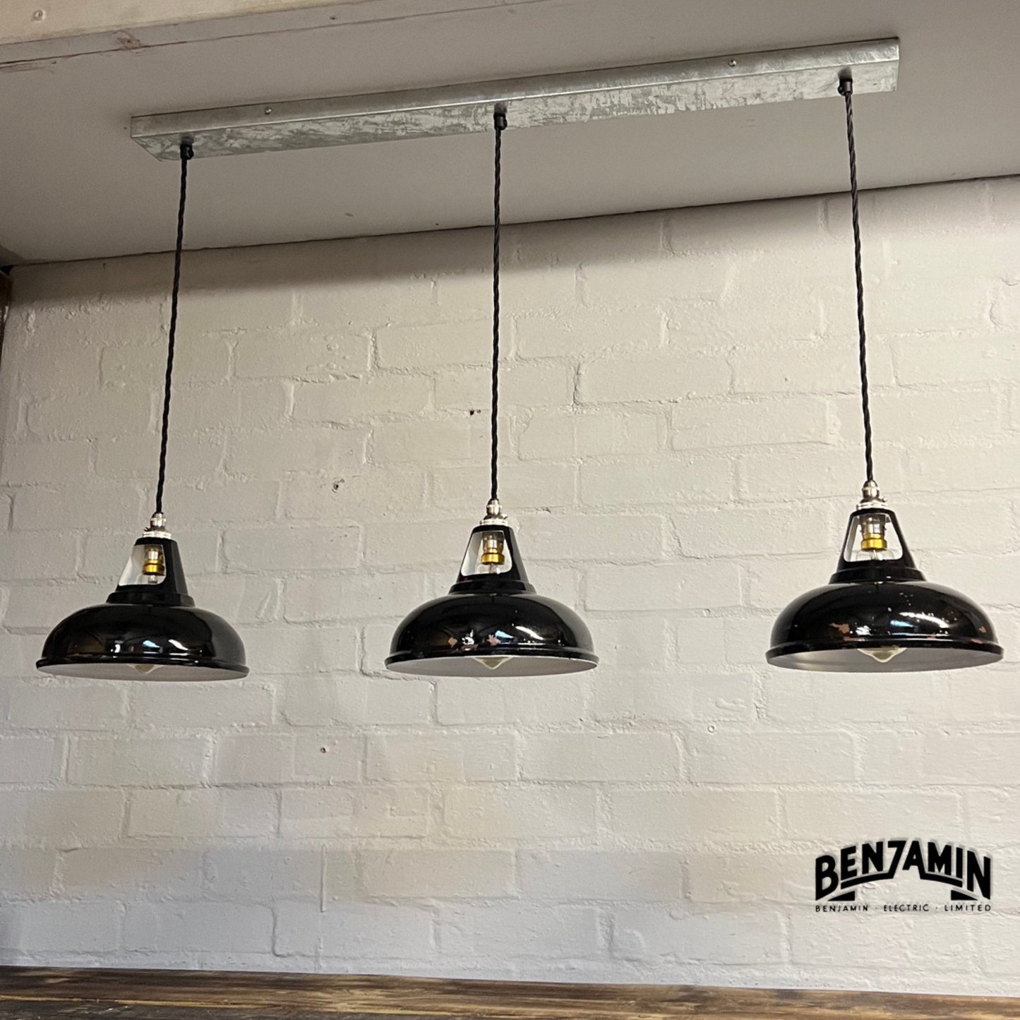 Cawston Small ~ **Worn** 3 x Solid Jet Black Shade 1932 Design Pendant Wire Set Track Light 9 Inch | Dining Room | Kitchen Table | Vintage