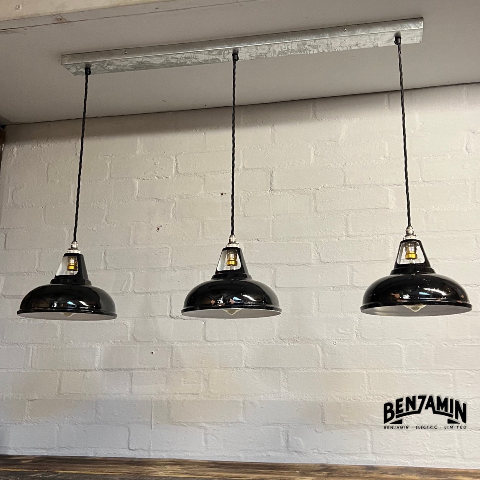 Cawston Small ~ **Worn** 3 x Solid Jet Black Shade 1932 Design Pendant Wire Set Track Light 9 Inch | Dining Room | Kitchen Table | Vintage