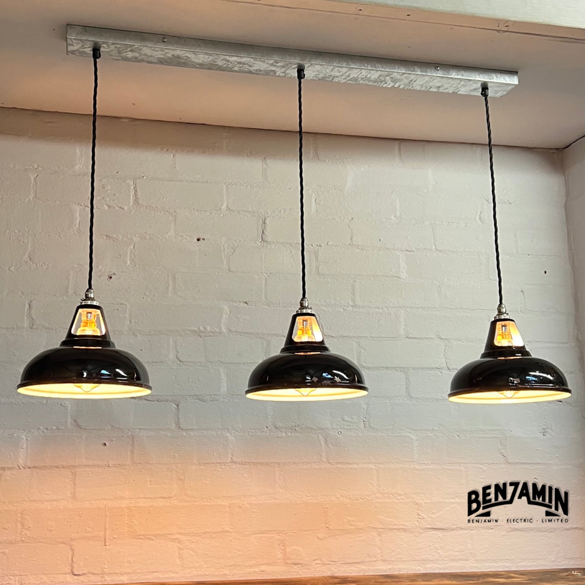 Cawston Small ~ **Worn** 3 x Solid Jet Black Shade 1932 Design Pendant Wire Set Track Light 9 Inch | Dining Room | Kitchen Table | Vintage