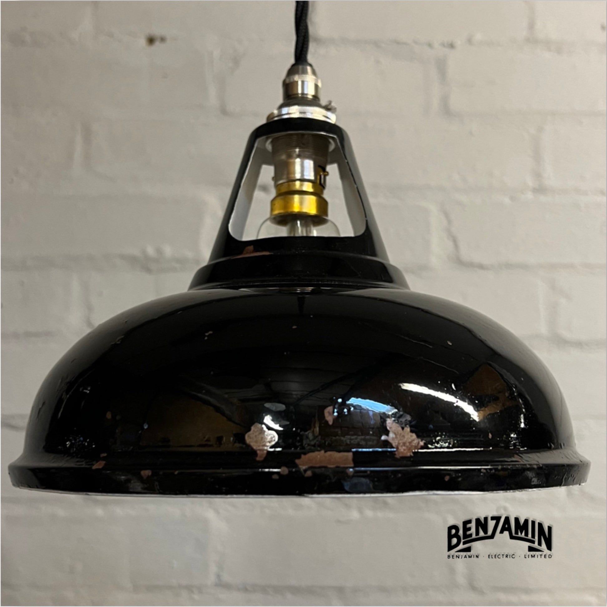 Cawston Small ~ **Worn** 3 x Solid Jet Black Shade 1932 Design Pendant Wire Set Track Light 9 Inch | Dining Room | Kitchen Table | Vintage
