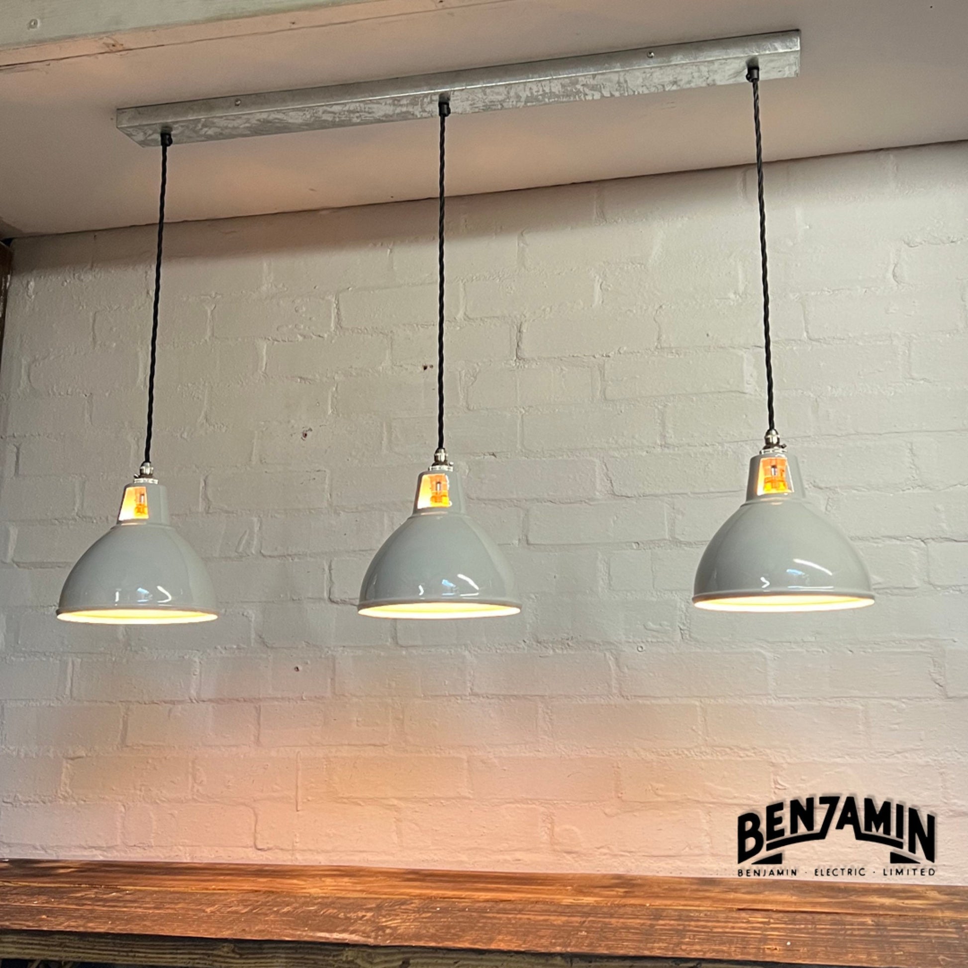 Shropham ~ 3 x Original Grey Shade Design Pendant Wire Set Galvanised Track | 8 Inch Vintage Dome Light | Dining Room | Kitchen Table