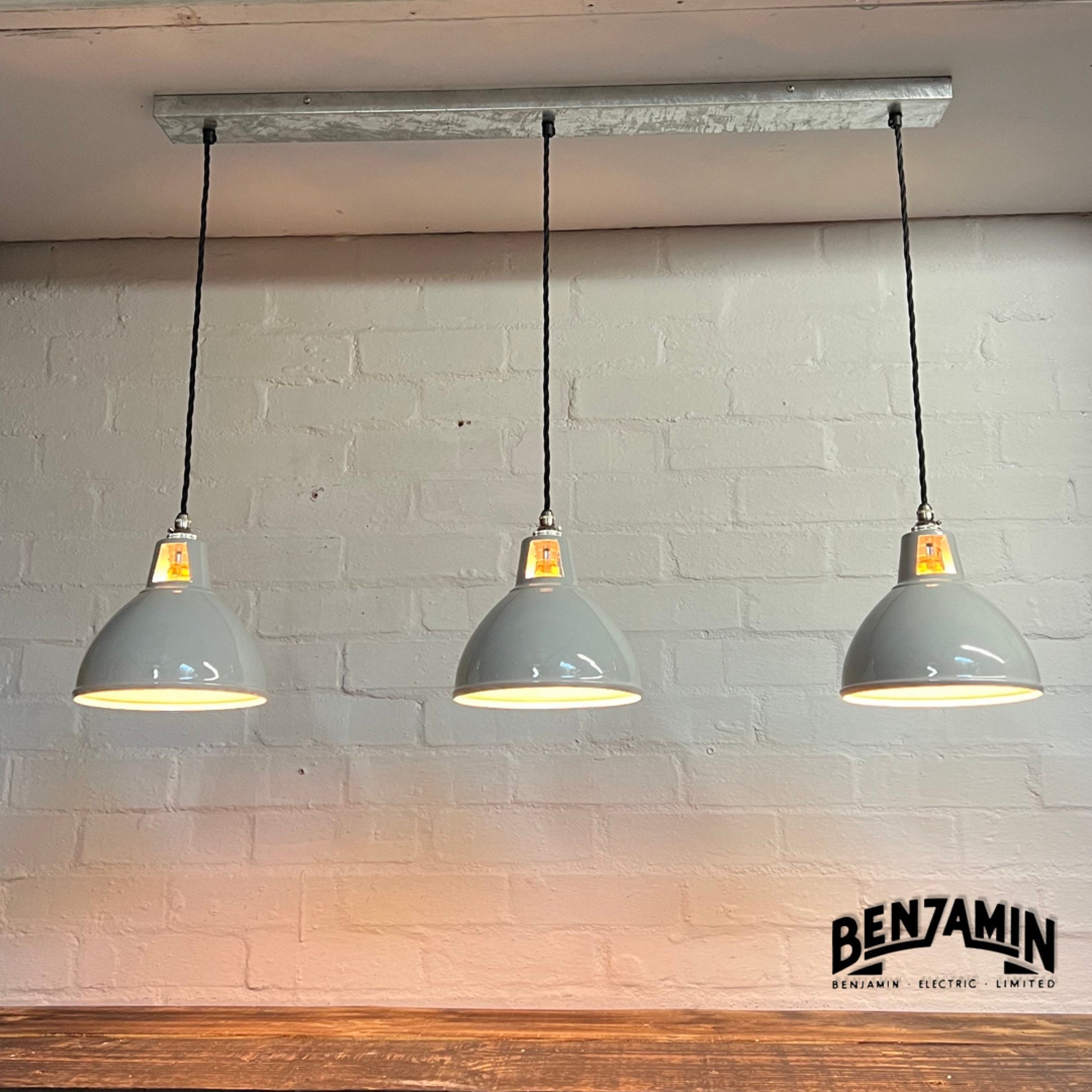 Shropham ~ 3 x Original Grey Shade Design Pendant Wire Set Galvanised Track | 8 Inch Vintage Dome Light | Dining Room | Kitchen Table