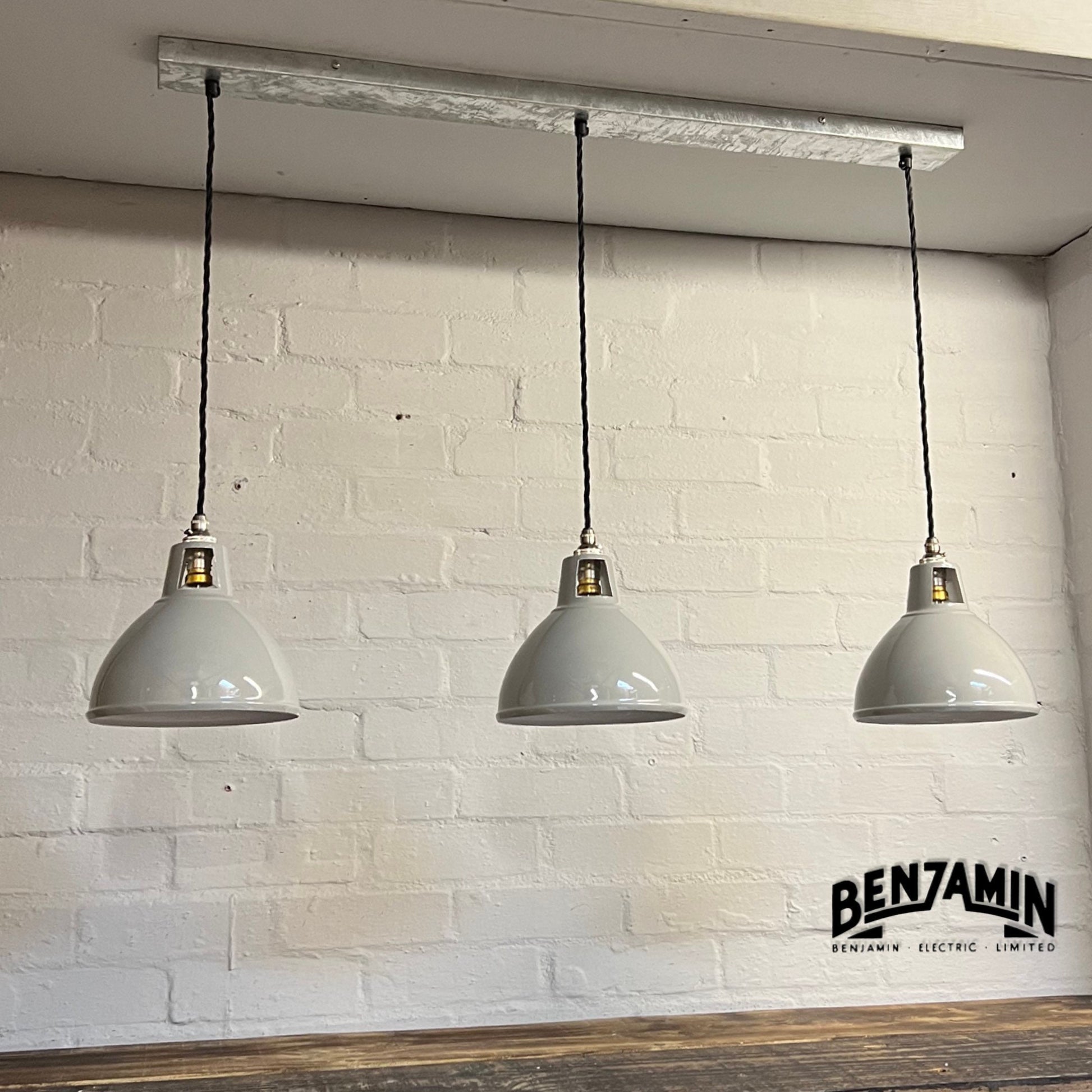 Shropham ~ 3 x Original Grey Shade Design Pendant Wire Set Galvanised Track | 8 Inch Vintage Dome Light | Dining Room | Kitchen Table