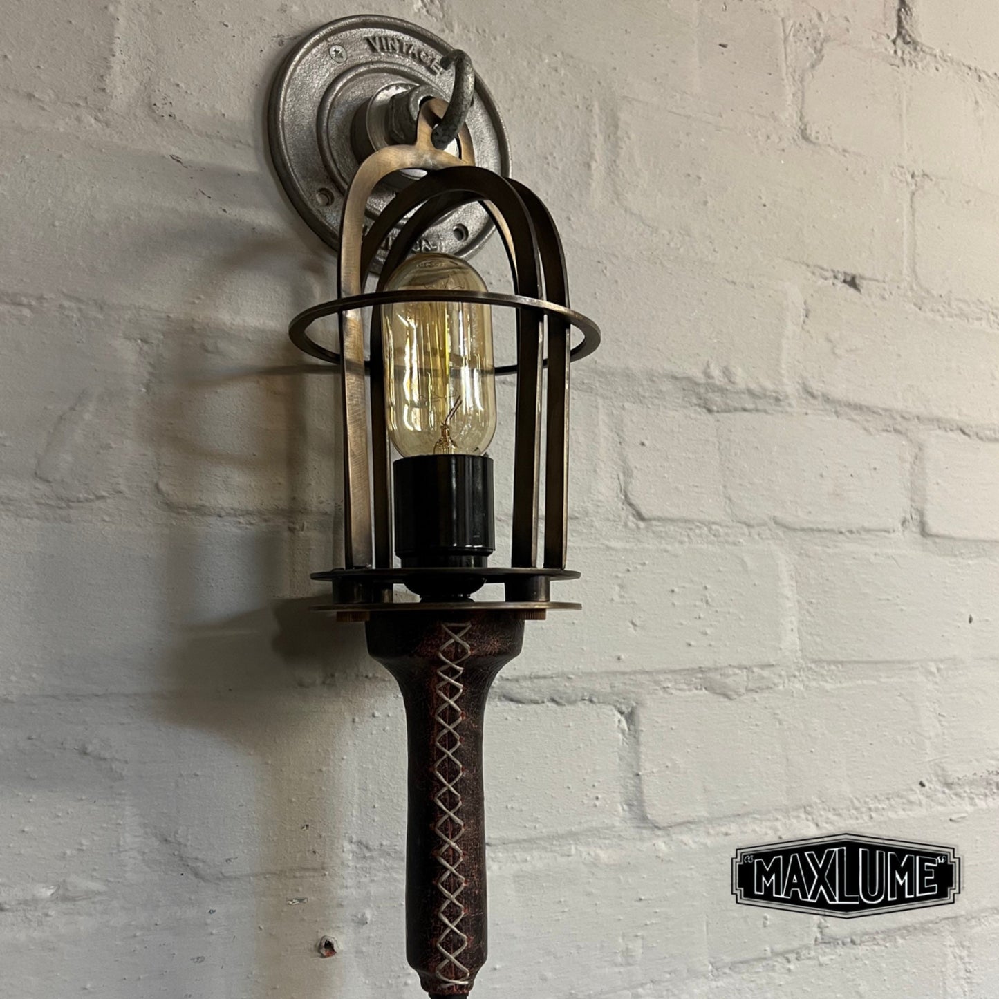 Solid Antique Brass Cage & Oxblood Leather Dimmable Bedside Table Lamp | Fabric Cable | Bedroom Light | Vintage Retro Edison Filament Bulb