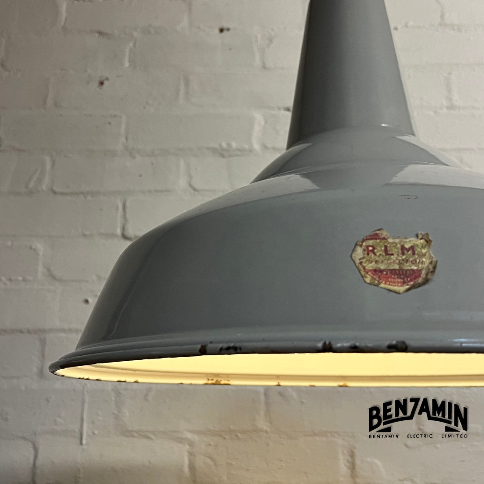 Geniune XL Grey Solid RLM Crysteel 19 Inch Shade Pendant Set Light | Ceiling Dining Room | Antique Restored | Kitchen Table | Vintage