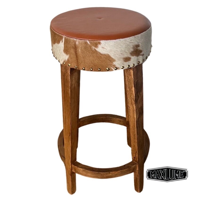 Maxlume ~ Cowhide Genuine Leather Button Top Solid Bar Stool Wooden Frame | Vintage Style | Solid Cast Metal | Floor Standing