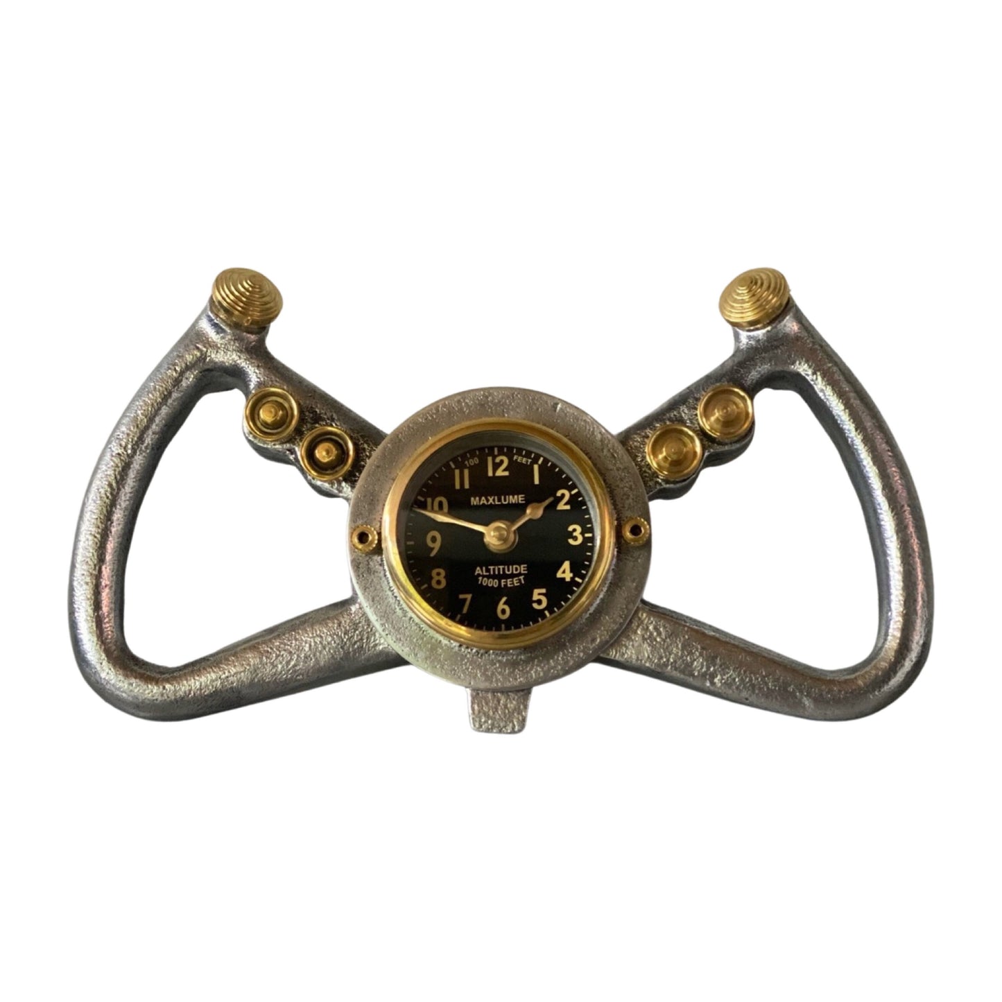 Maxlume ~ Cockpit Pilots Yoke Aviator Solid Brass Ships Clock Compass Nautical Vintage Industrial Pilot Decor