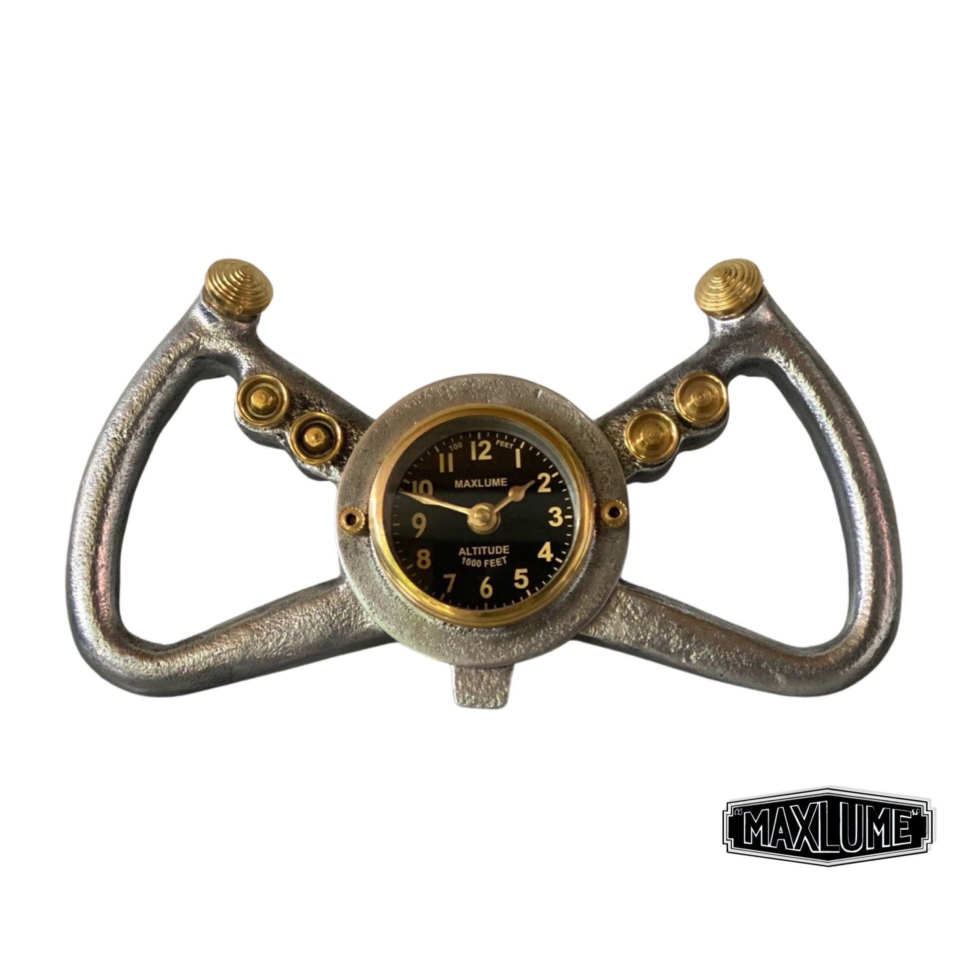 Maxlume ~ Cockpit Pilots Yoke Aviator Solid Brass Ships Clock Compass Nautical Vintage Industrial Pilot Decor
