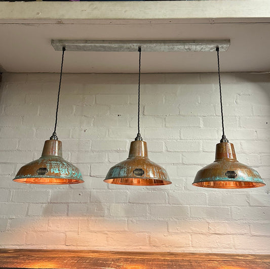 Filby ~ 3 x Solid Copper Verdigris Shade RLM 1921 Design Pendant Set Galvanised Track Light | Dining Room | Kitchen Table | Vintage