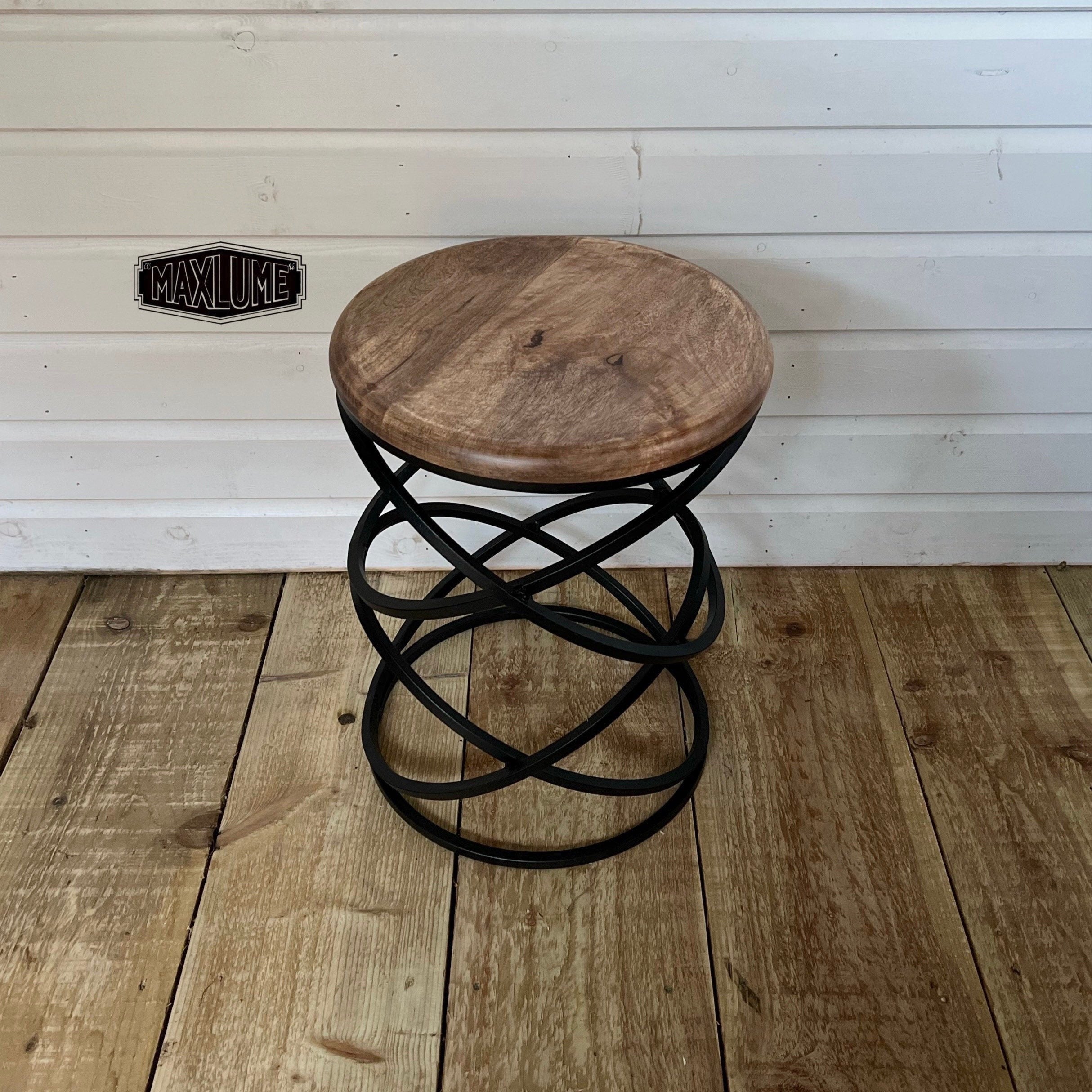 Maxlume Rings Drum Side Coffee Table Industrial Vintage Style Plant Floor Stand Sofa End Retro Stool Solid Wood Metal