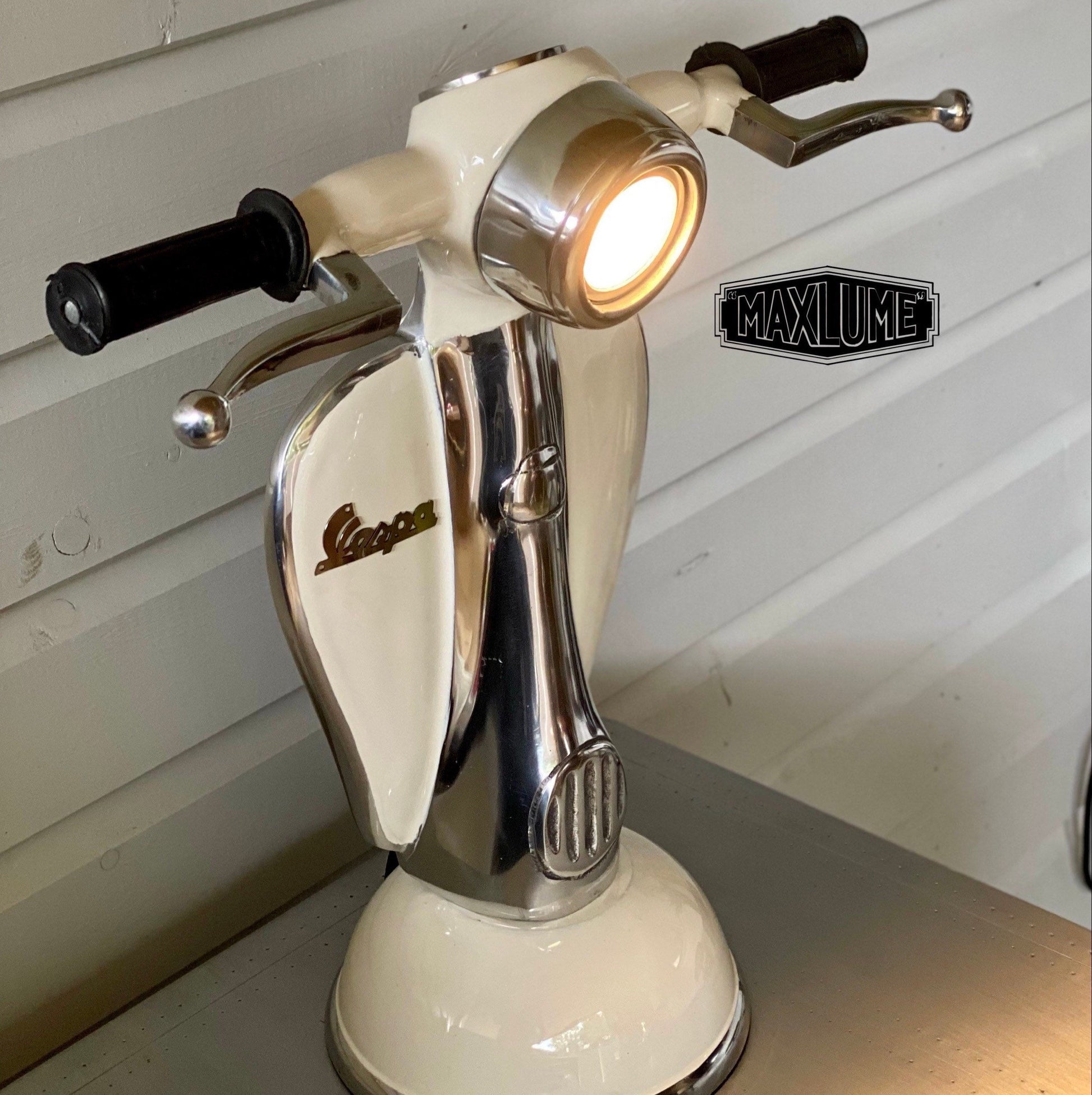 White Scooter Table Lamp Vintage Style | Fabric Cable | Bedroom | Bedside Reading Light | Retro | Dimmable LED Bulb by Maxlume
