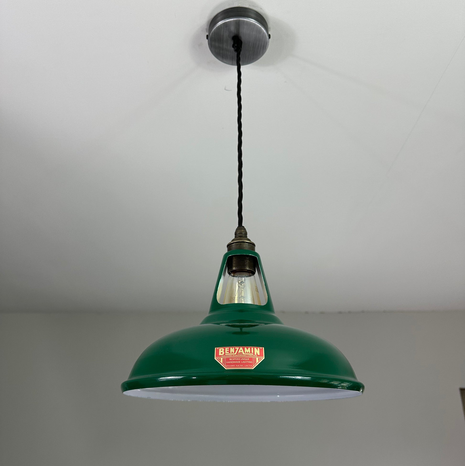 Cawston ~ Racing Green Solid Shade Red Label Slotted Design Pendant Light | Ceiling Dining Room | Kitchen Table | Vintage Bulb | 11 Inch