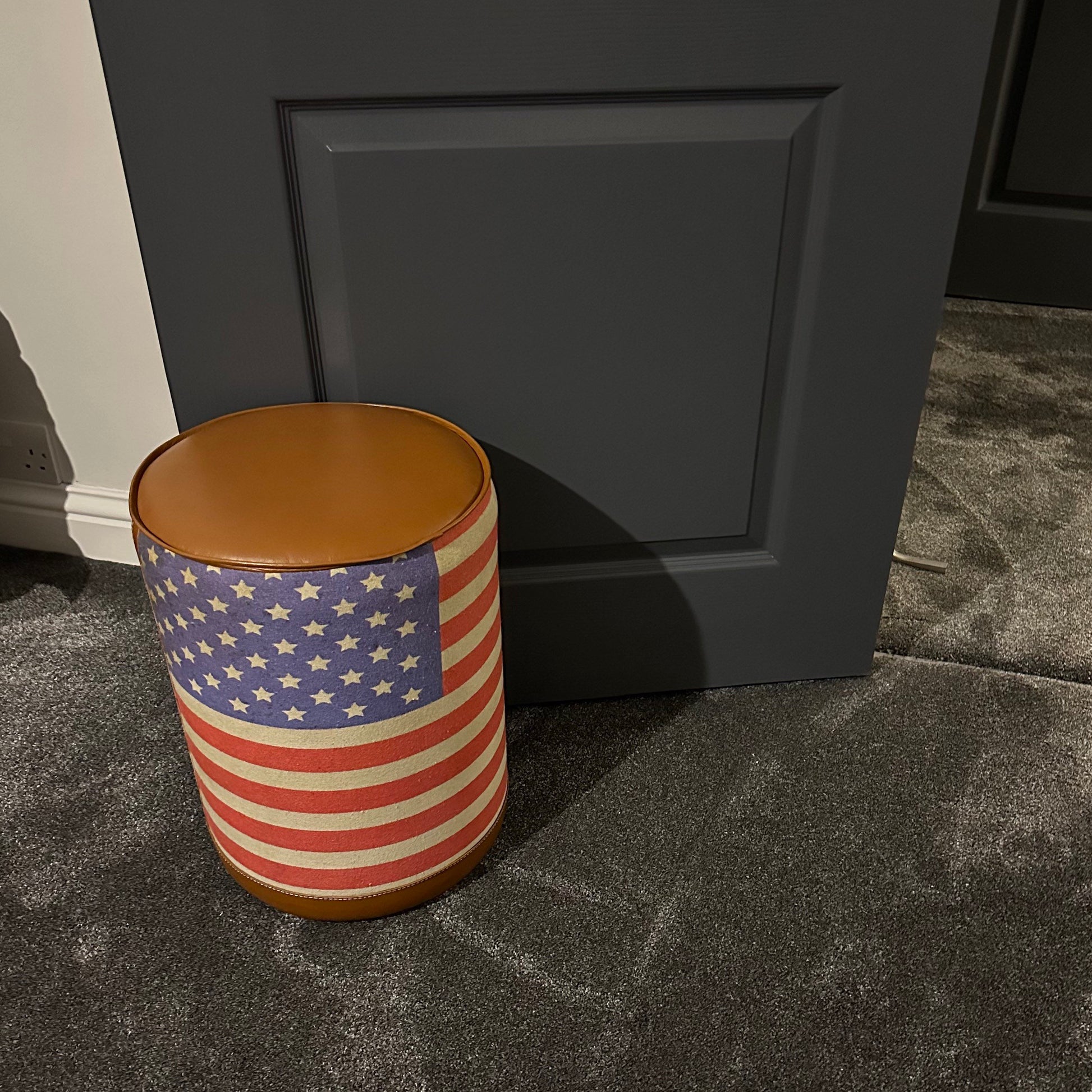 Stars & Stripes Flag Of The United States USA Pouf Solid Base Genuine Leather | Vintage Style | Floor Standing | Door Stop pouffe