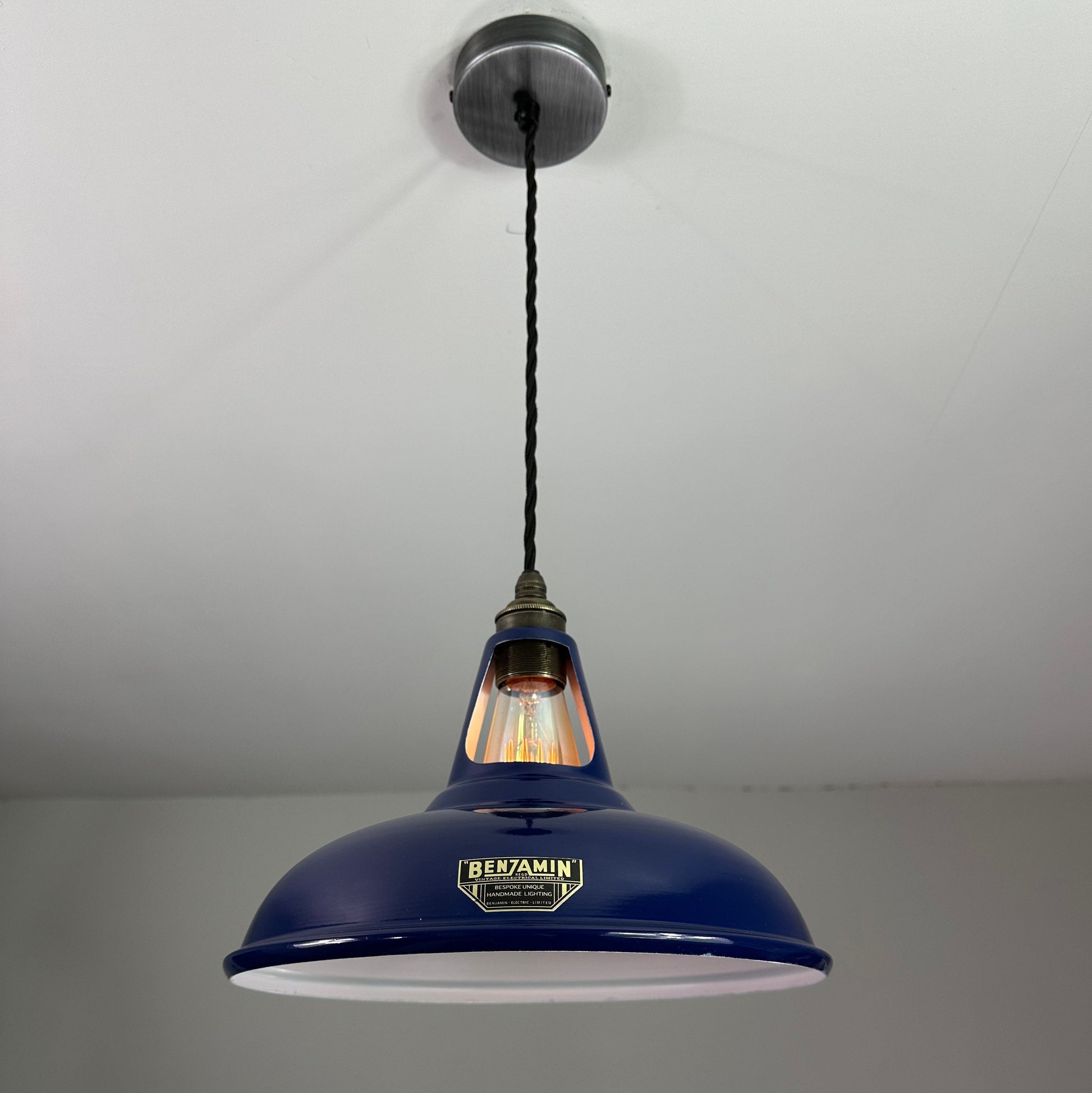 Cawston ~ Navy Blue Solid Shade Slotted Design Pendant Set Light | Ceiling Dining Room | Kitchen Table | Vintage Filament Bulb 11 Inch