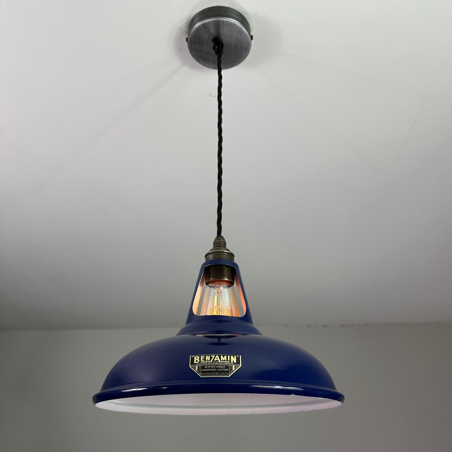 Cawston ~ *Worn* Blue Solid Shade Slotted Design Pendant Set Light | Ceiling Dining Room | Kitchen Table | Vintage Bulb