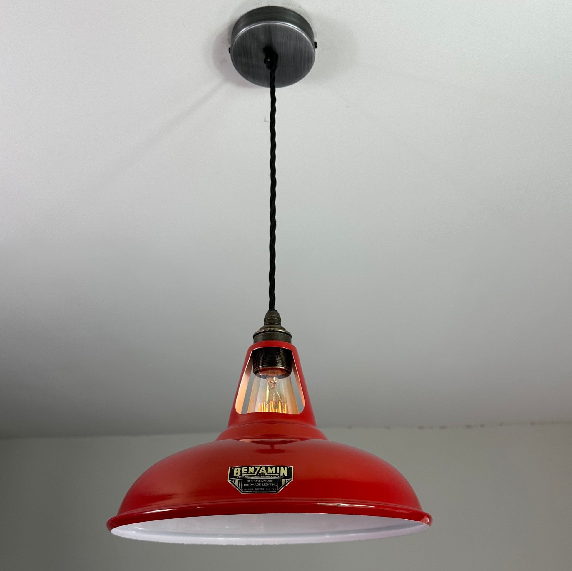Cawston ~ Red Solid Shade Slotted Design Pendant Set Light | Ceiling Dining Room | Kitchen Table | Vintage Filament Bulb 11 Inch