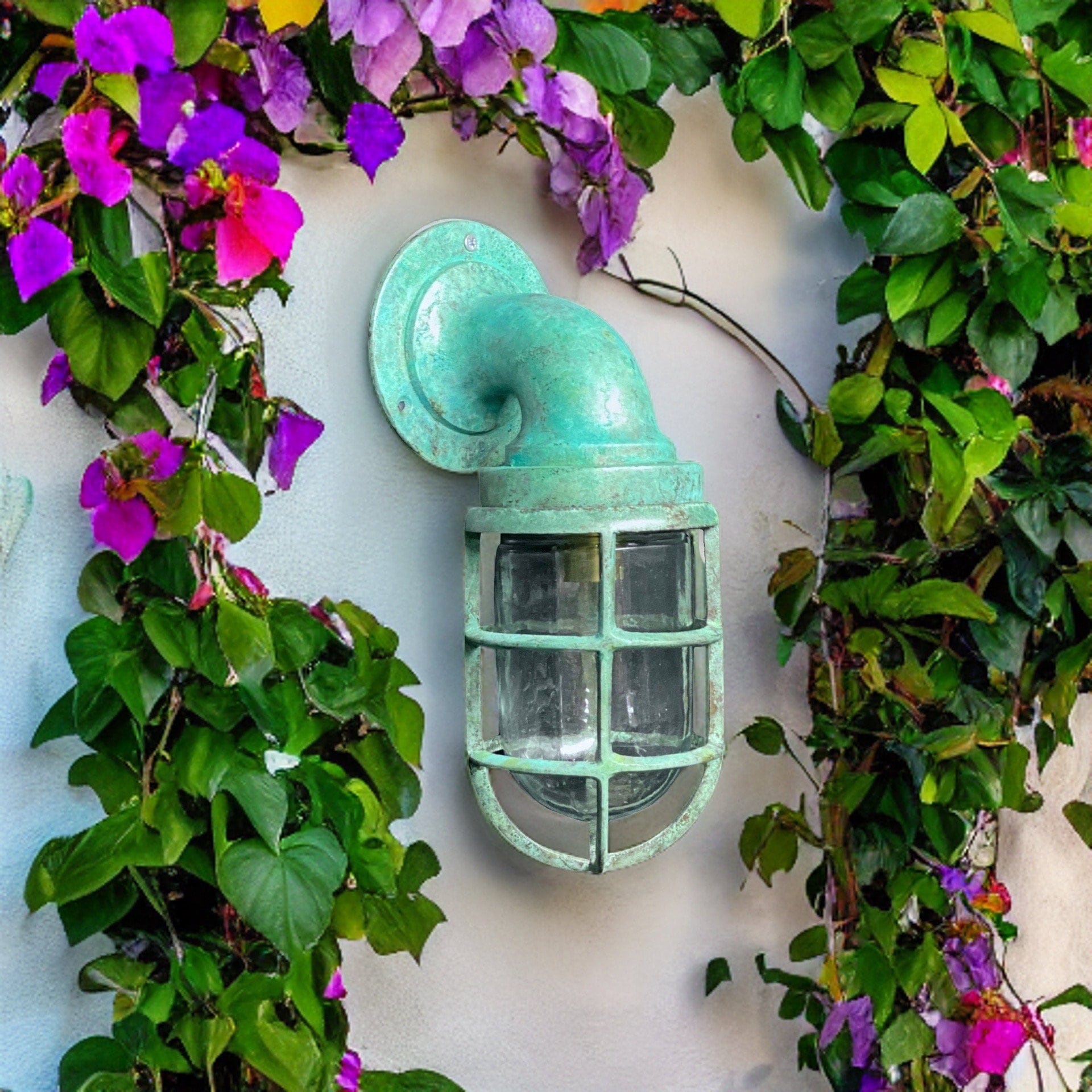 Beachamwell ~ Bulkhead Outdoor & Bathroom Sconce Wall Light | Solid Brass Verdigris | 10.5 Inch