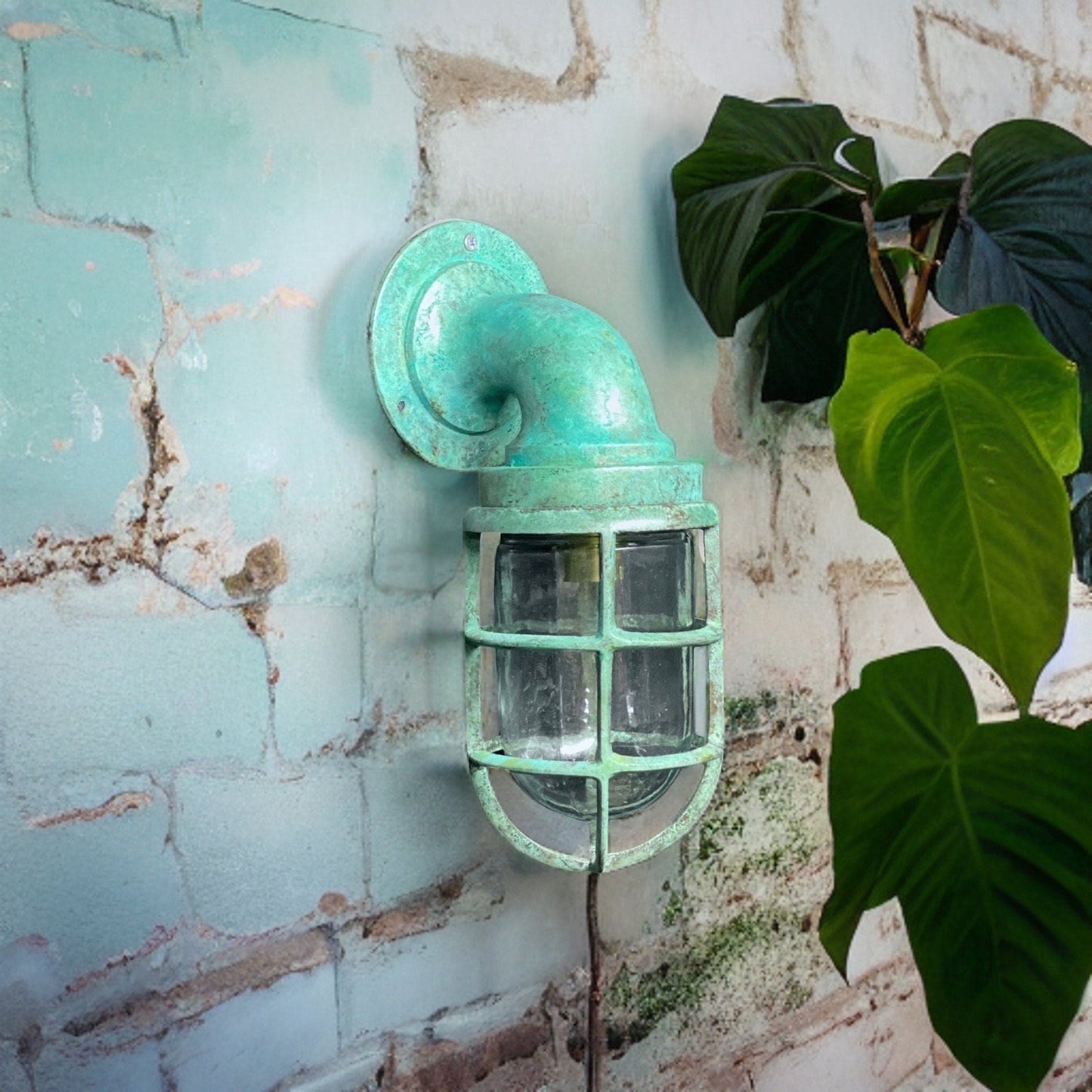 Beachamwell ~ Bulkhead Outdoor & Bathroom Sconce Wall Light | Solid Brass Verdigris | 10.5 Inch