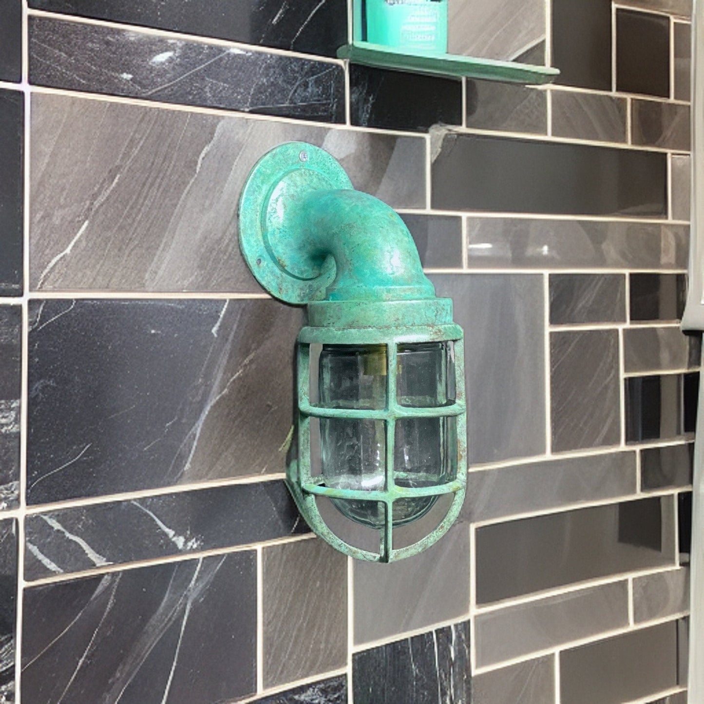 Beachamwell ~ Bulkhead Outdoor & Bathroom Sconce Wall Light | Solid Brass Verdigris | 10.5 Inch