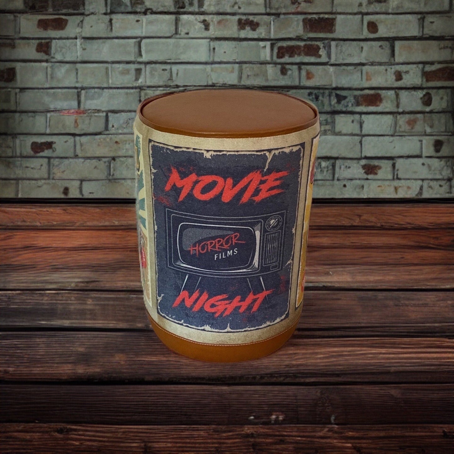 Pouffe ‘Movie Night’ Solid Base Genuine Leather Seat | Vintage Style | Floor Standing | Man Cave Foot Stool ~ Hand Crafted By Maxlume