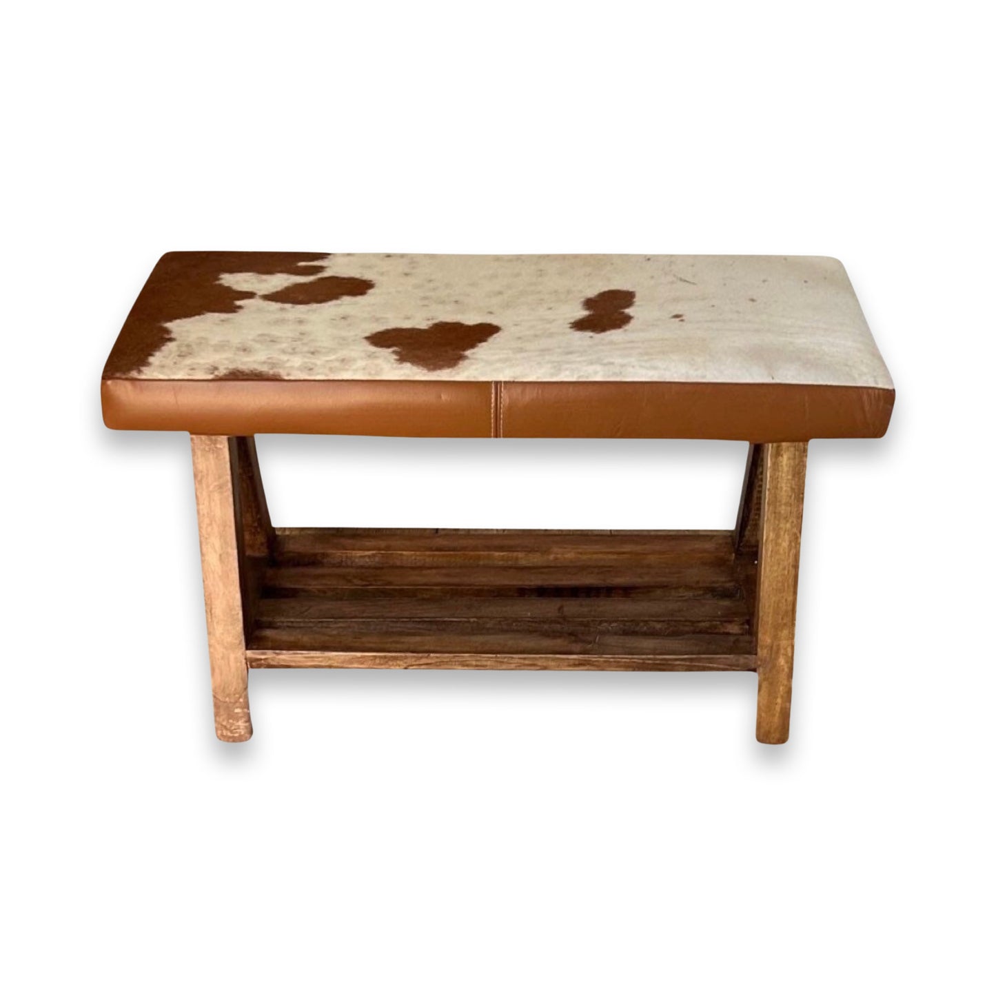 Maxlume ~ Cowhide Leather Bench Brown & White | Foot Stool | Solid Base |Shoe Rack | Floor Standing | Man Cave Stool
