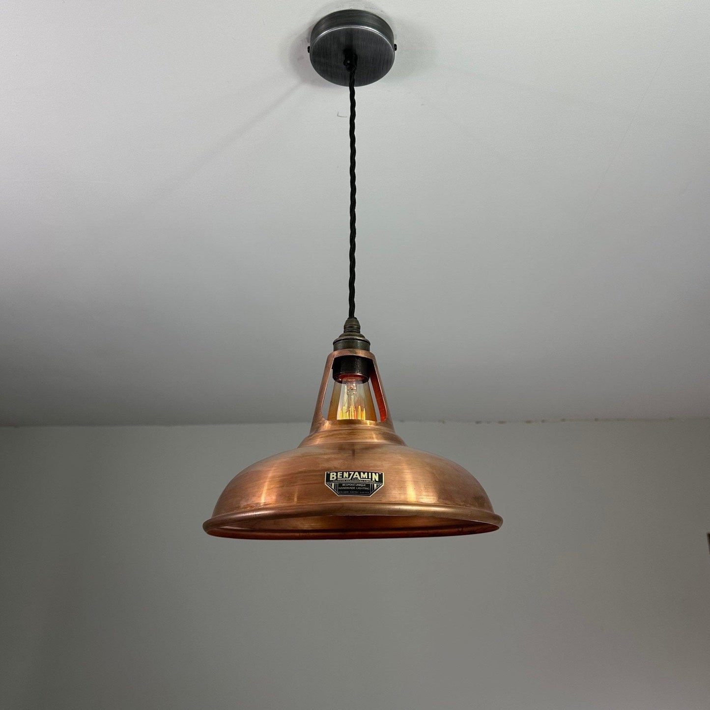 Cawston ~ Antique Copper Shade 1932 Design Pendant Set Light ~ 11 Inch **WORN**