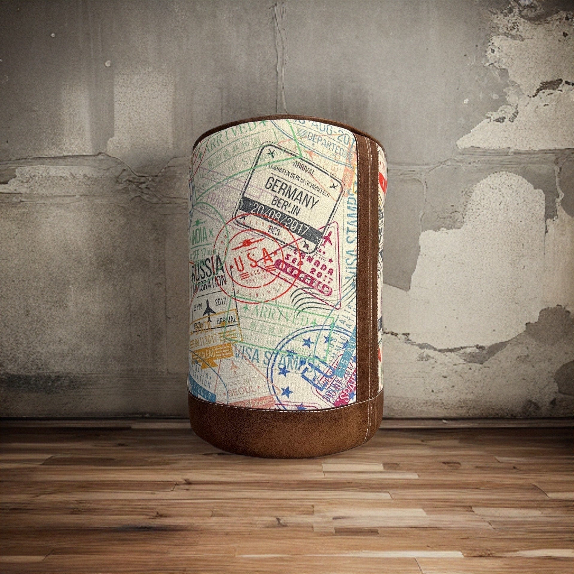 Maxlume ~ ‘Wanderlust’ Pouf Solid Base Dark Brown Genuine Leather | Vintage Style | Floor Standing | Man Cave Stool