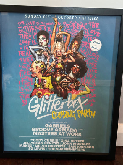 Rare Glitterbox Closing Party ~ Genuine Hi Ibiza Framed Dj Artwork | Luxury Black Frame