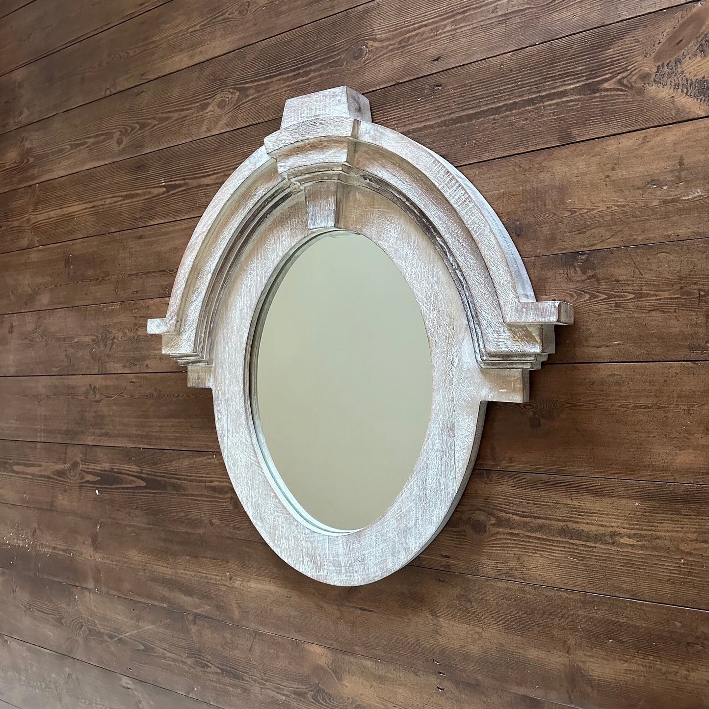 Mansard Arched Oval Mirror White Washed | Solid Wooden | Mango Wood | Gift Idea