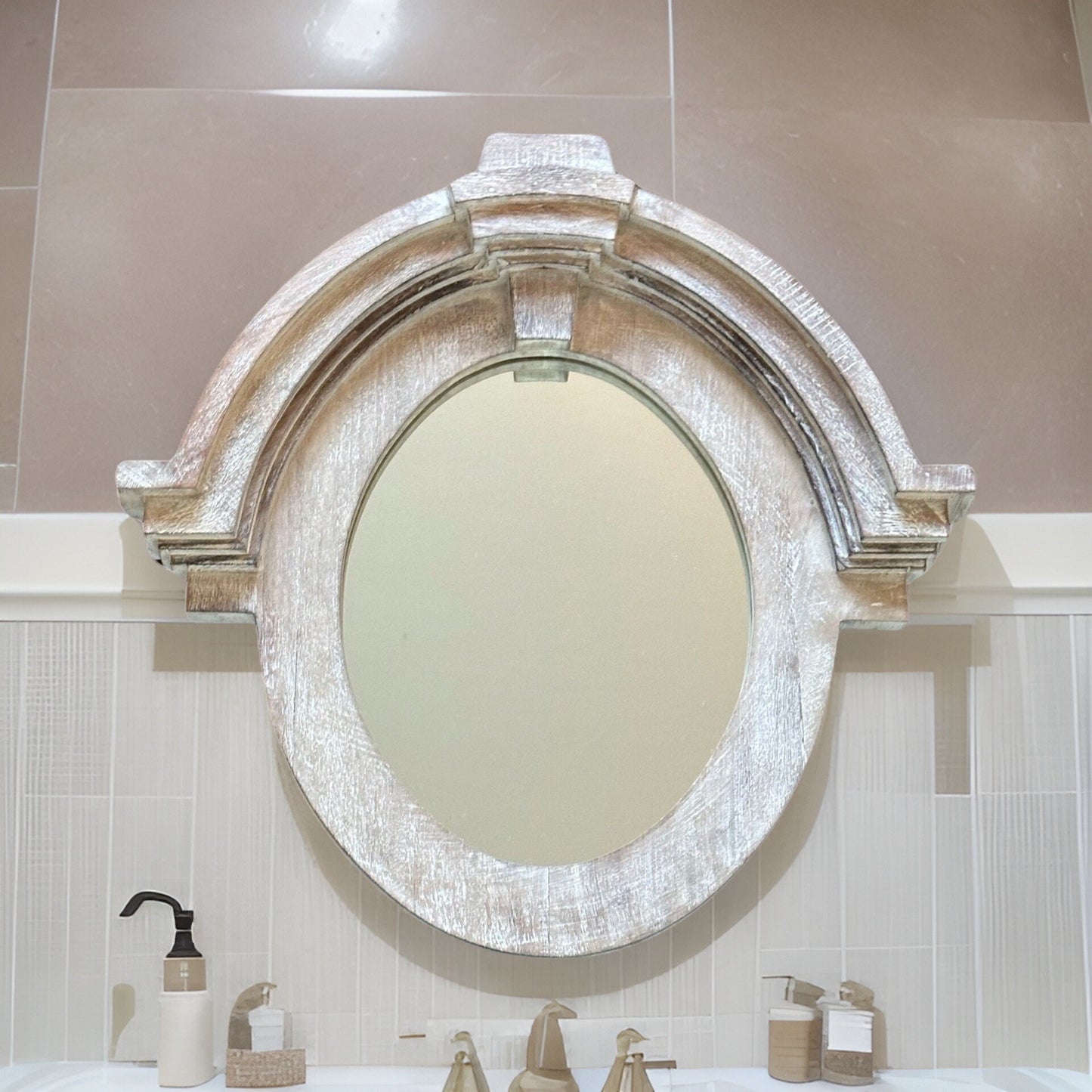 Mansard Arched Oval Mirror White Washed | Solid Wooden | Mango Wood | Gift Idea