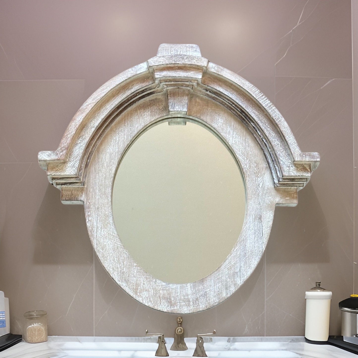 Mansard Arched Oval Mirror White Washed | Solid Wooden | Mango Wood | Gift Idea