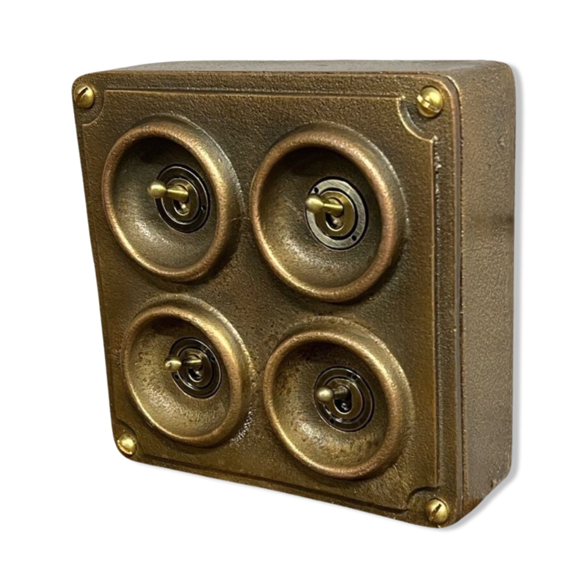 4 Gang 2 Way Solid Antique Brass Bronze Metal Surface Mounted Conduit Light Switch Industrial - BS EN Approved Vintage Crabtree 1950’s Style